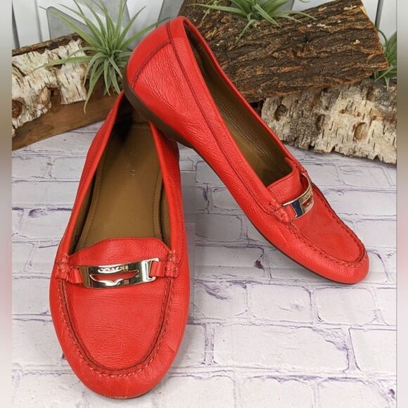 COACH Olympia Pebble Grain Leather Loafers Red Flats Driving Moc - Picture 1 of 12